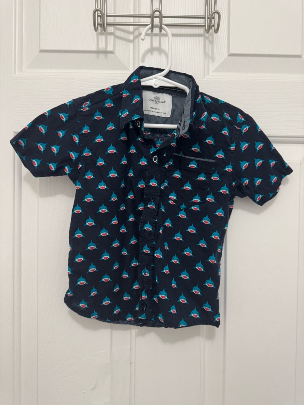 Cozy Cotton Navy Short-Sleeve Button-Down with Teal & Red Shark Print